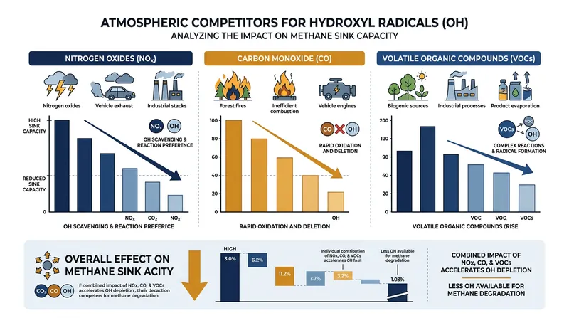 Other trace gases compete for hydroxyl radicals, altering the atmosphere's capacity to break down methane.