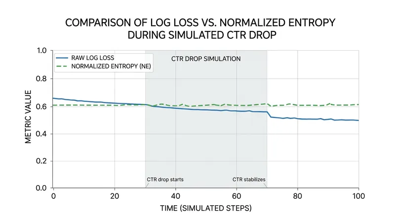When base click rates drop, raw log loss artificially improves, while Normalized Entropy remains stable.