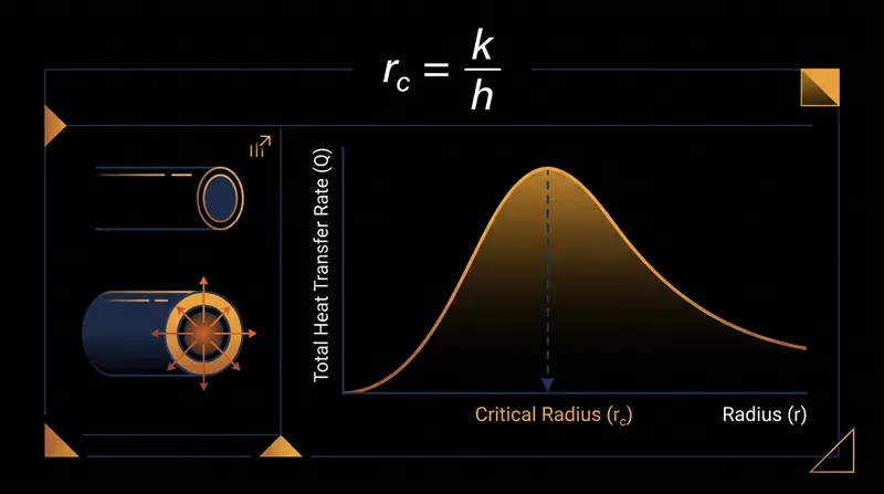 The heat transfer rate peaks exactly at the critical radius before the added thickness finally begins to trap heat.