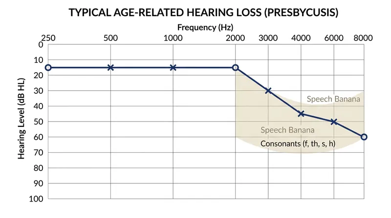 A typical presbycusis audiogram reveals perfectly intact low-frequency hearing coupled with a severe high-frequency deficit.