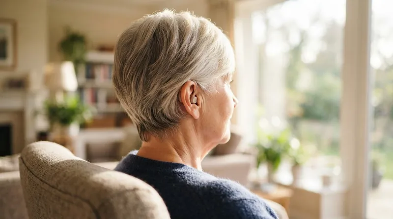 An older adult leans in closely to read the lips of a conversation partner in a brightly lit cafe.