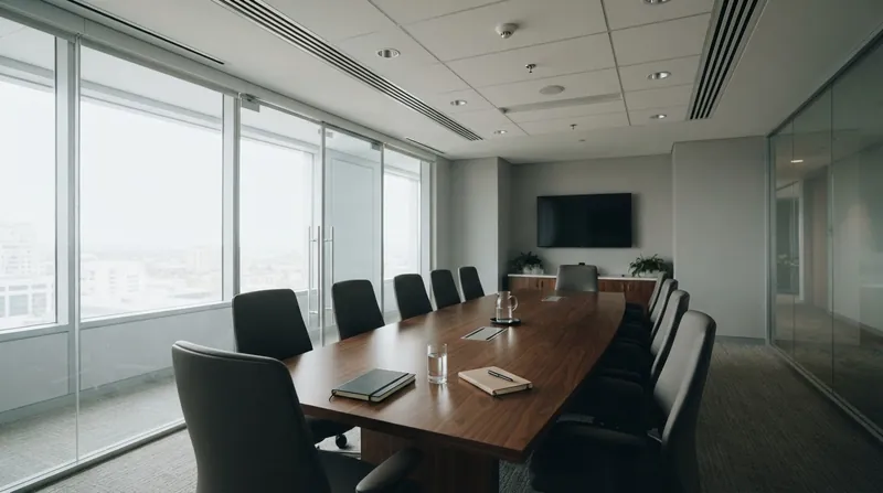 A modern, glass-walled corporate conference room with several professionals seated around a table during a meeting.