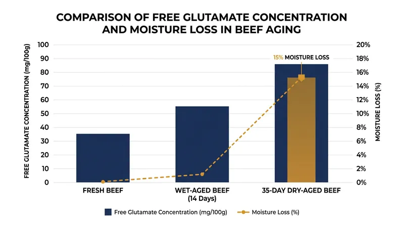 Moisture evaporation during dry-aging concentrates free amino acids like glutamate, amplifying the meat's savory flavor.