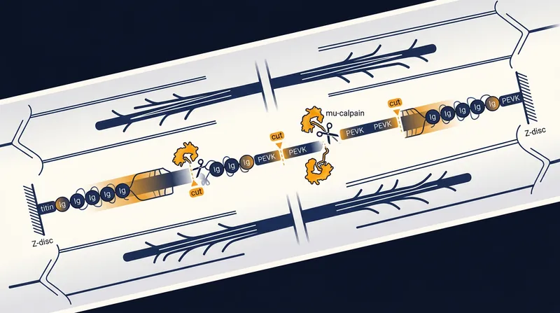 Endogenous calpains break down the structural protein titin, causing the muscle fibers to relax.
