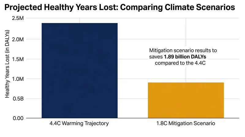 Limiting global heating to 1.8 degrees Celsius could prevent the loss of 1.89 billion years of healthy life by 2100.