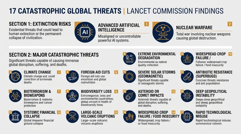 The 17 threats are categorized by their potential to cause human extinction versus major cumulative health losses.