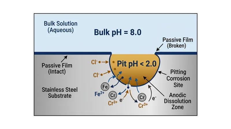 Cation hydrolysis inside the occluded pit generates hydrogen protons, dropping the local pH and preventing the passive film from reforming.