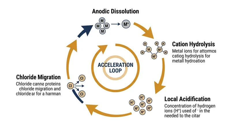 The autocatalytic death spiral: dissolution drives hydrolysis, which creates acid, which draws in chlorides, which accelerates further dissolution.