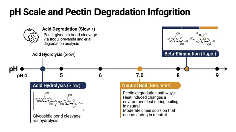 Pectin degradation pathways diverge sharply depending on the pH of the cooking liquid.