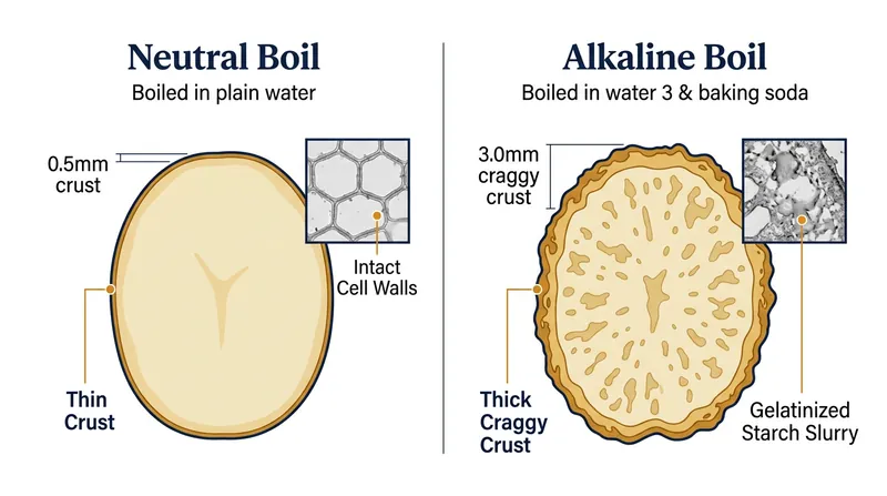 The alkaline boil yields a crust up to six times thicker than a standard neutral boil.