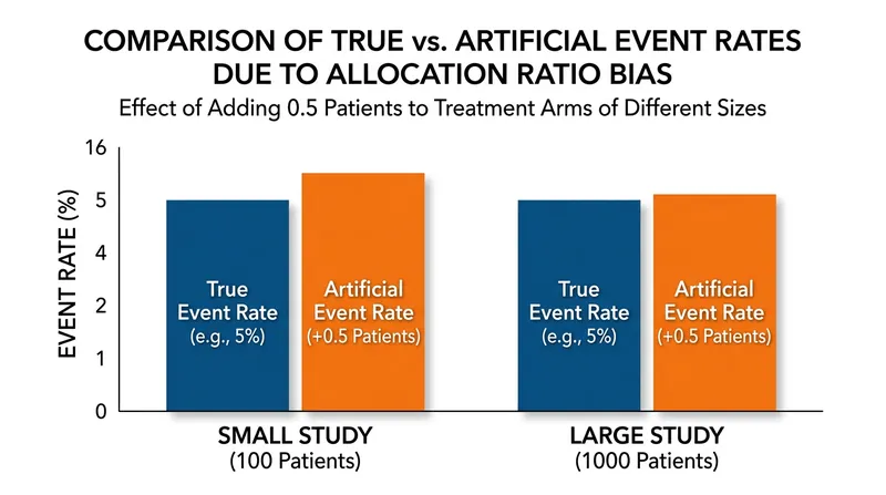 Adding 0.5 to unequal trial arms creates artificial event rates that heavily penalize the smaller group.