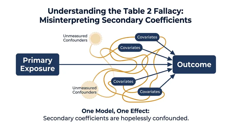 Adjusting for covariates isolates the primary exposure, but leaves the covariates themselves exposed to unmeasured confounding.