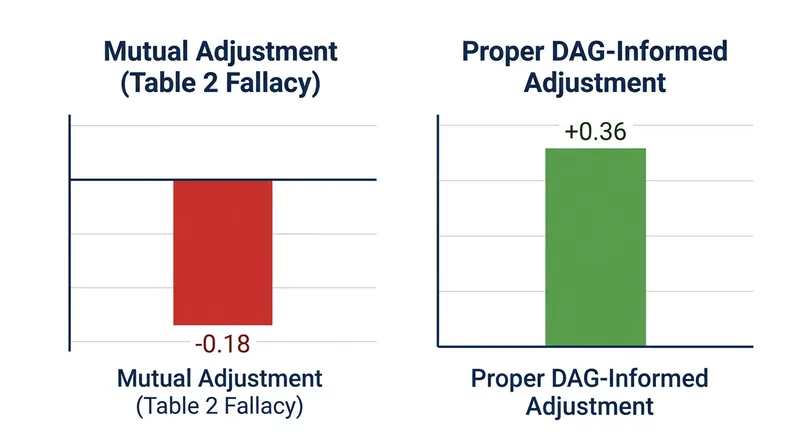 Interpreting a secondary covariate as a total effect can entirely invert its directional sign, turning a true positive effect into a false negative.