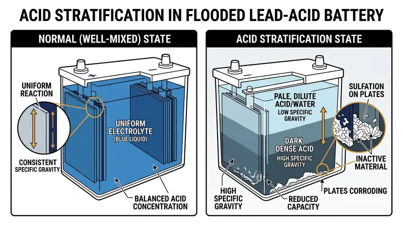 Without a full charge to boil and mix the fluid, heavy sulfuric acid sinks to the bottom of the casing.