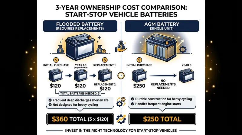 Downgrading to a flooded battery costs more over three years due to premature failures.
