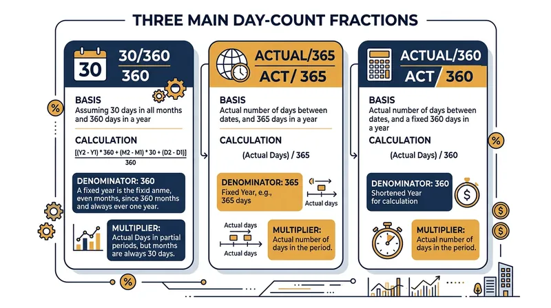 Different day-count conventions alter the denominator and multiplier used to calculate the daily interest charge.