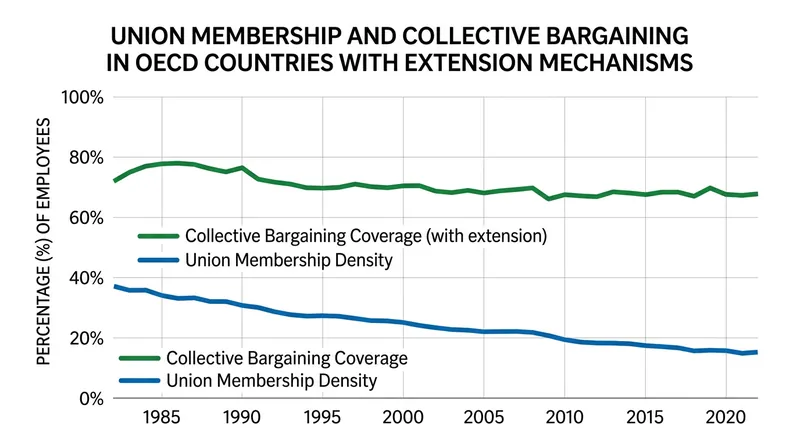 State extension mechanisms sustain high bargaining coverage even as traditional union density structurally declines.