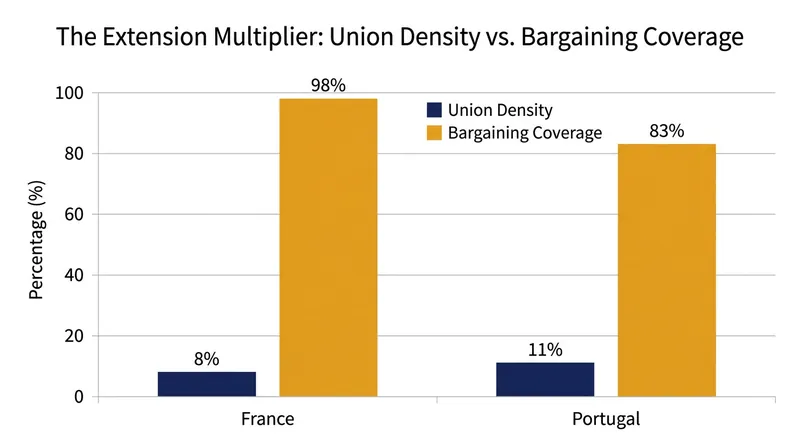 The extension multiplier illustrates the gap between actual union membership and statutory contract coverage.