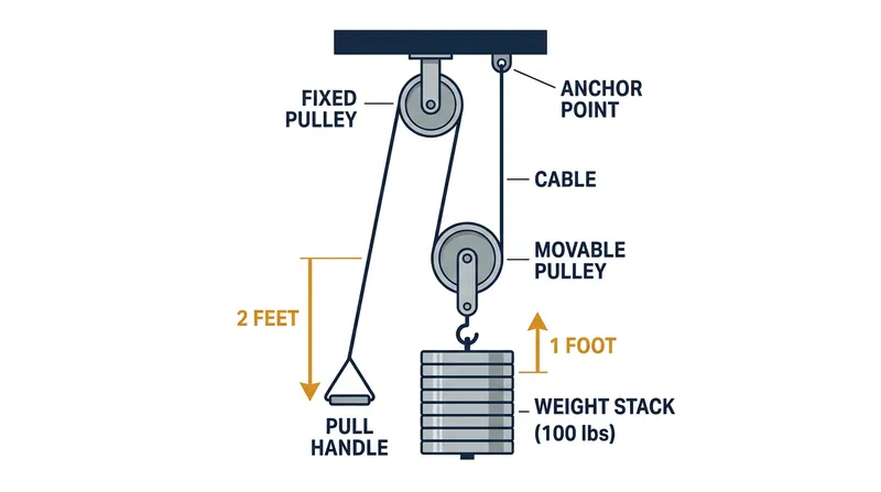 Because the weight stack is supported by two segments of the same cable, the handle must move twice as far as the stack.