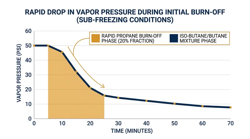 Once the propane fraction is exhausted, the remaining isobutane lacks the vapor pressure to sustain the flame.