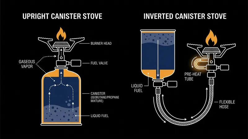 Inverted stoves draw liquid fuel directly, preventing the propane from boiling off prematurely.