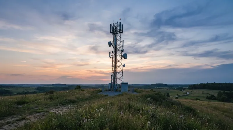 A low-angle view of a cellular transmission tower against a twilight sky with a satellite streak.