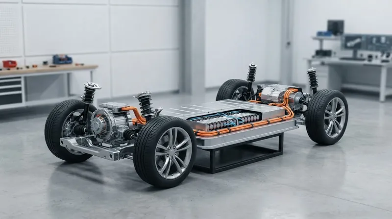 A cutaway view of an electric vehicle chassis showing a front induction motor and a rear permanent magnet motor connected to a central battery pack.