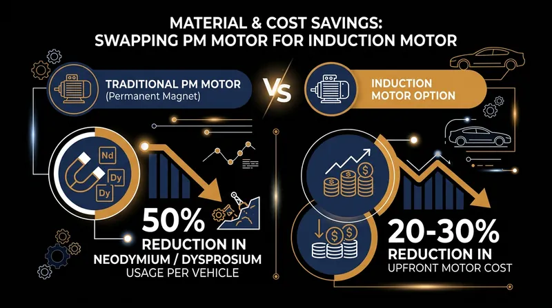 Replacing a secondary permanent magnet motor with an induction unit significantly reduces reliance on rare-earth metals.