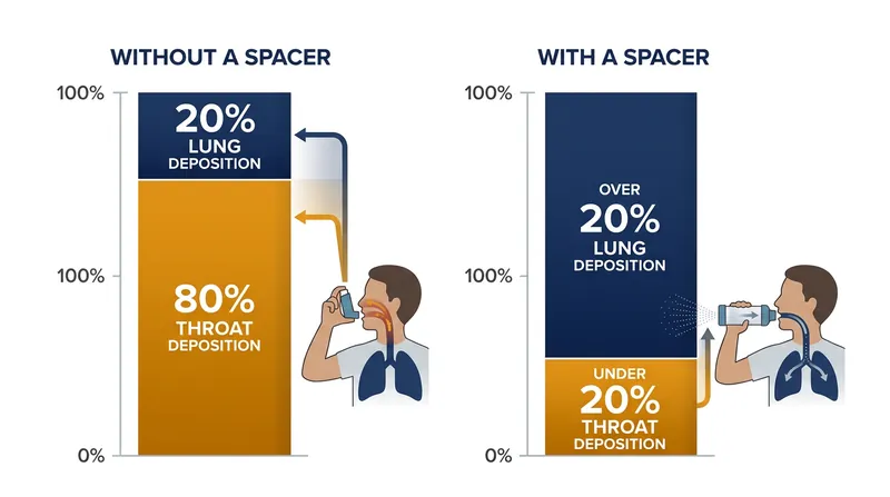 Using a bare inhaler results in 80 percent of the medication impacting the back of the throat.