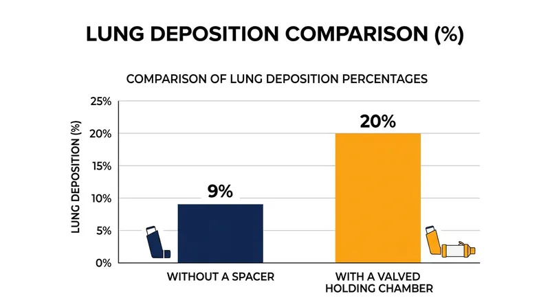 A valved holding chamber more than doubles the amount of active medication that successfully reaches the lower airways.