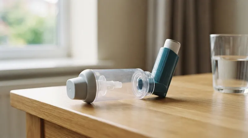 A pressurized metered-dose asthma inhaler attached to a clear plastic valved holding chamber on a table.