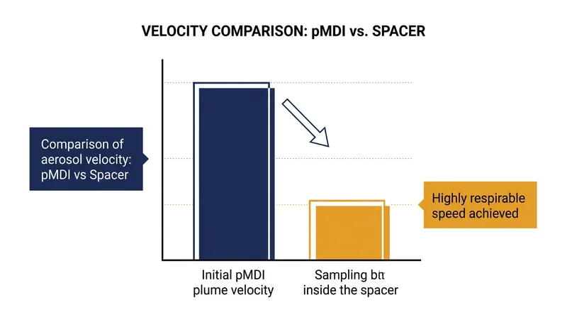 Inhaler plumes exit the nozzle at 30 meters per second, a velocity that guarantees throat impaction without a spacer.