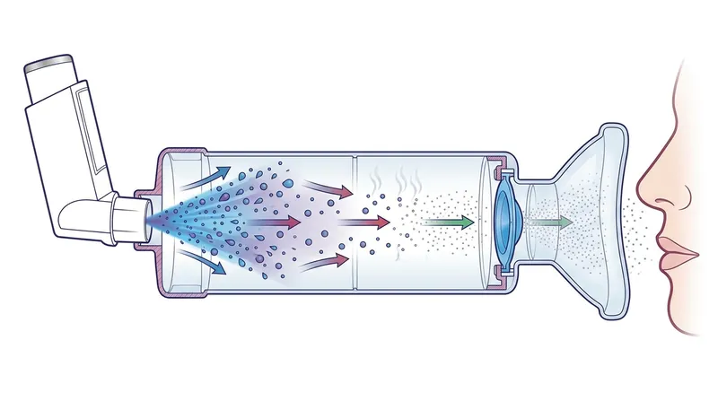 The chamber allows the liquid propellant to evaporate, shrinking the medication particles to a respirable size.
