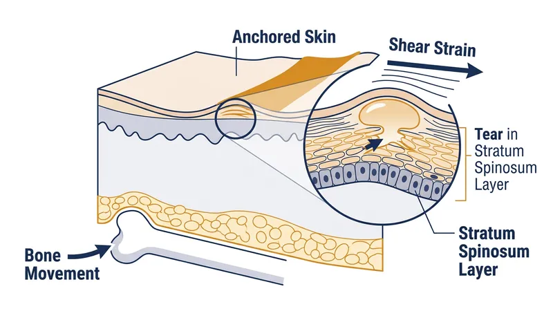 The intraepidermal tear occurs in the stratum spinosum, located deep below the skin's surface.