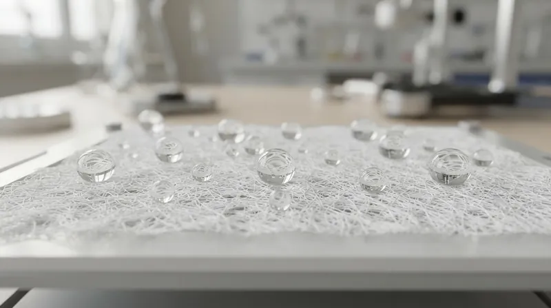 A perfectly round water droplet resting on a white, textured microporous membrane surface without sinking in.