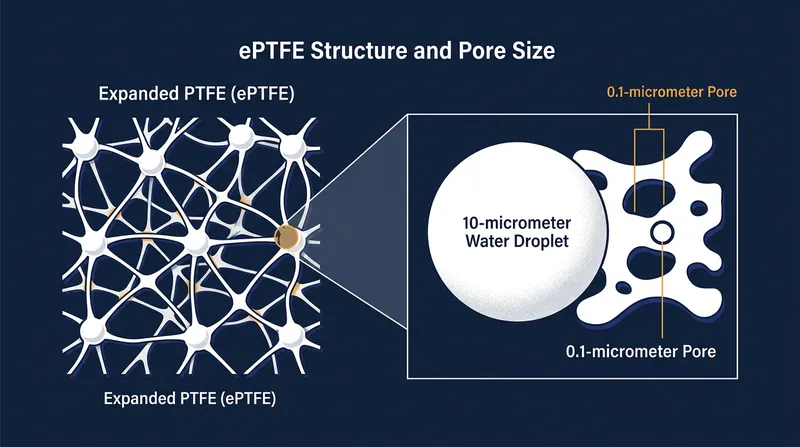 The chaotic web of nodes and fibrils in ePTFE creates pores too small for liquid water to breach.