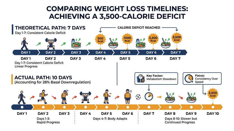 Metabolic compensation extends the timeline required to create a 3,500-calorie deficit through exercise alone.