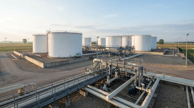 Large industrial oil refinery with cylindrical storage tanks and complex pipe networks illuminated at dusk.