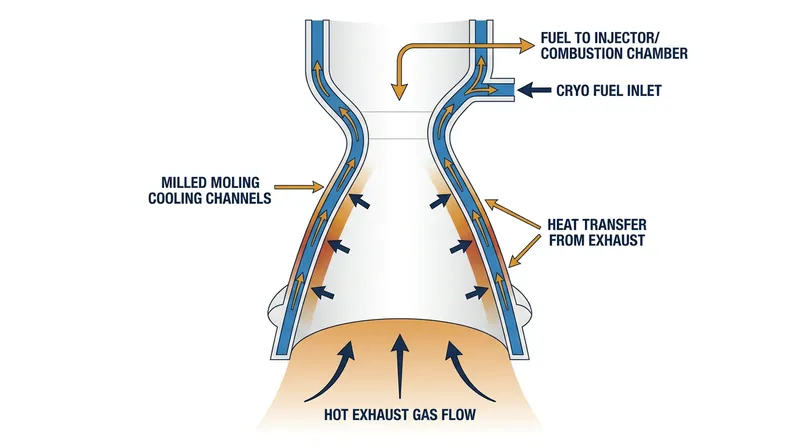 Cryogenic fuel absorbs heat from the nozzle wall before being injected into the combustion chamber.