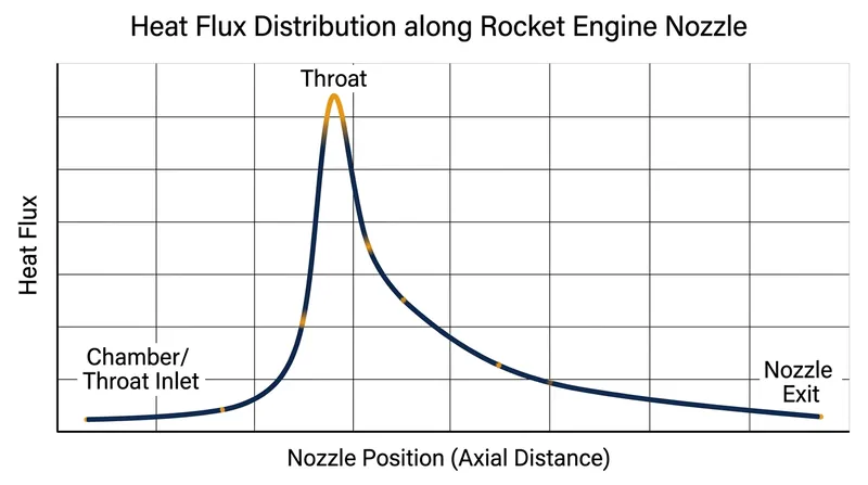 Thermal loads peak at the narrowest section of the nozzle, requiring the highest coolant velocity.