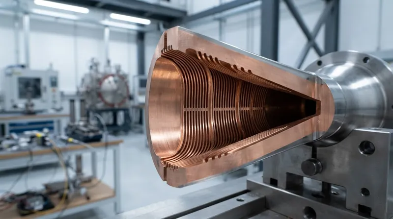 A liquid rocket engine nozzle glowing brightly during a static test fire, showing the complex milled cooling channels on its exterior.