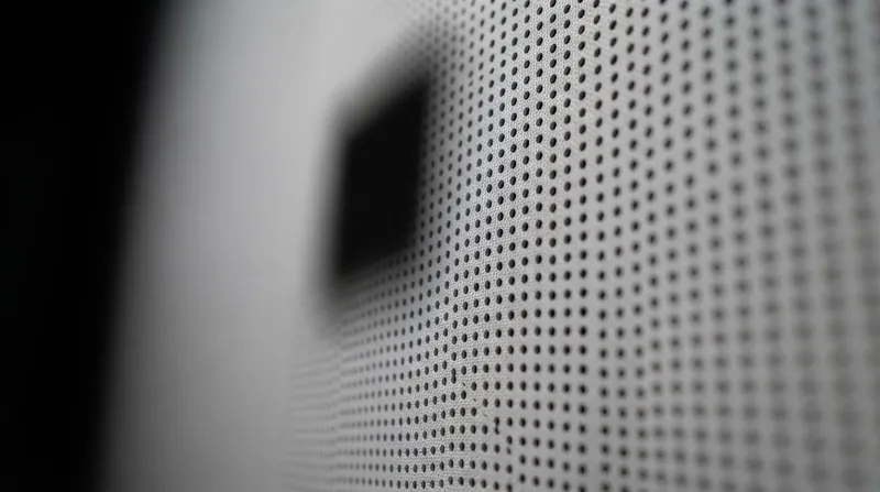 Extreme close-up of a white cinema screen showing tiny staggered holes with a speaker glowing faintly behind it.