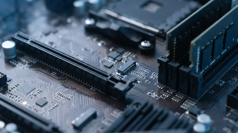 Close-up view of an empty PCIe slot on a modern computer motherboard illuminated by blue light.