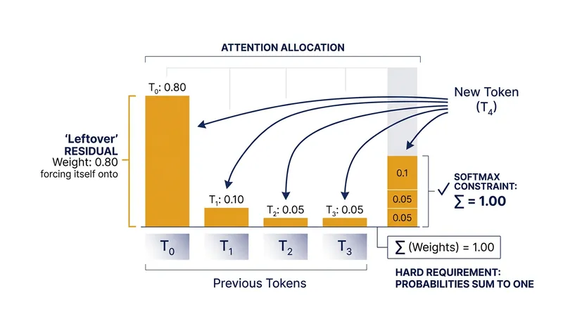 Because Softmax requires attention to sum to 1.0, models must park excess mathematical weight somewhere.
