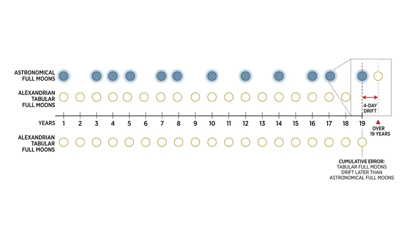 The Alexandrian lunar tables overestimate the lunar cycle, causing the tabular full moon to arrive four to five days late.