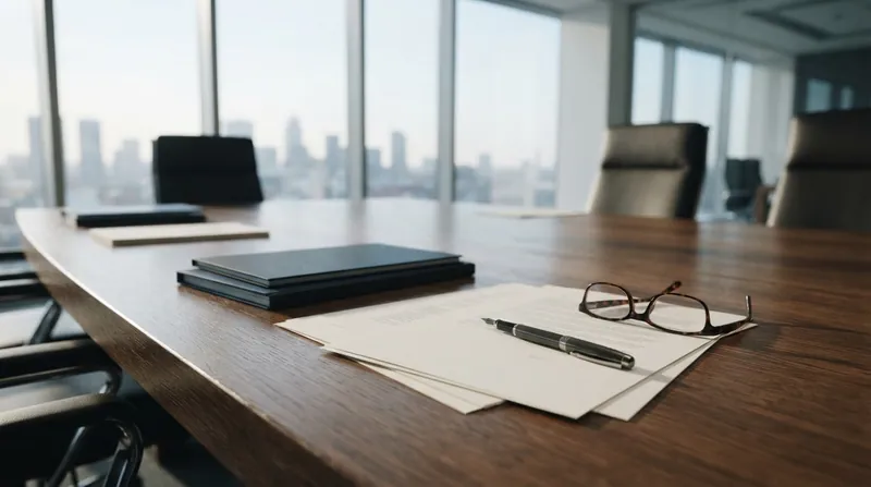 Corporate executives reviewing legal documents in a bright, modern conference room setting.