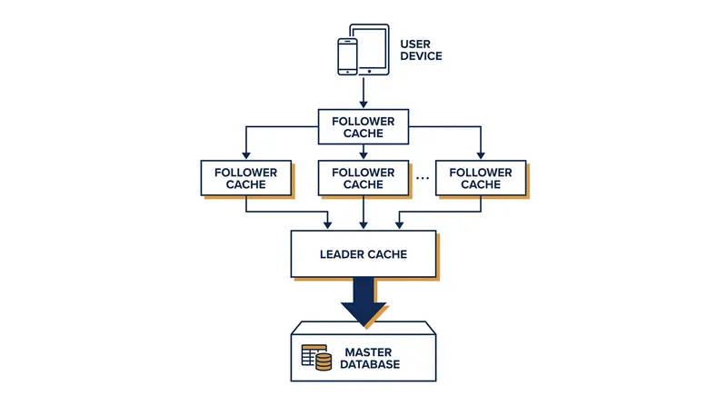 The two-tier cache hierarchy insulates the master database from 99 percent of read requests.