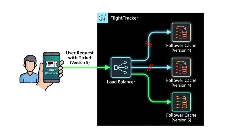 FlightTracker uses metadata tickets to route users to caches that have already processed their updates.