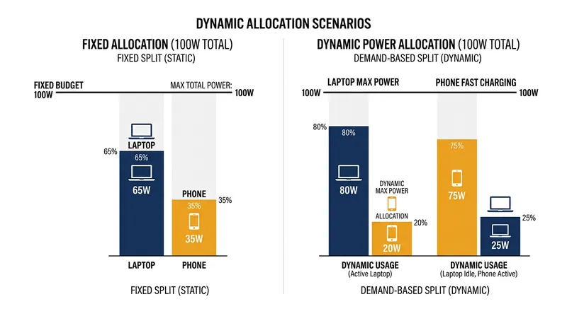 Dynamic allocation allows a charger to pool its power rather than stranding unused wattage on an idle port.