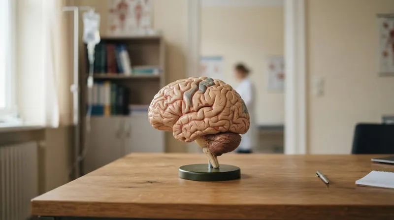 Medical illustration of a human brain highlighting the brainstem and pons with glowing neural pathways.